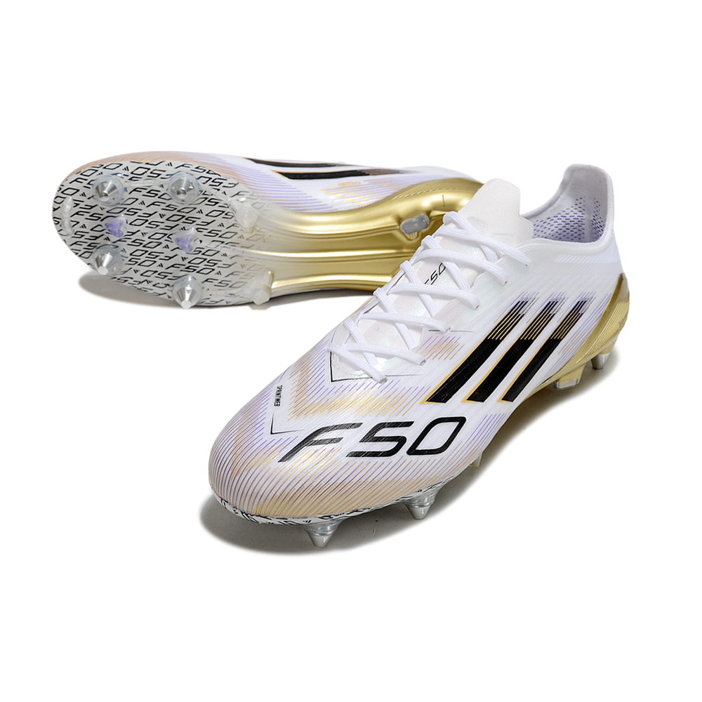 Chuteira Campo Adidas F50 Ponta de Aluminio Branco, Preto e Dourado