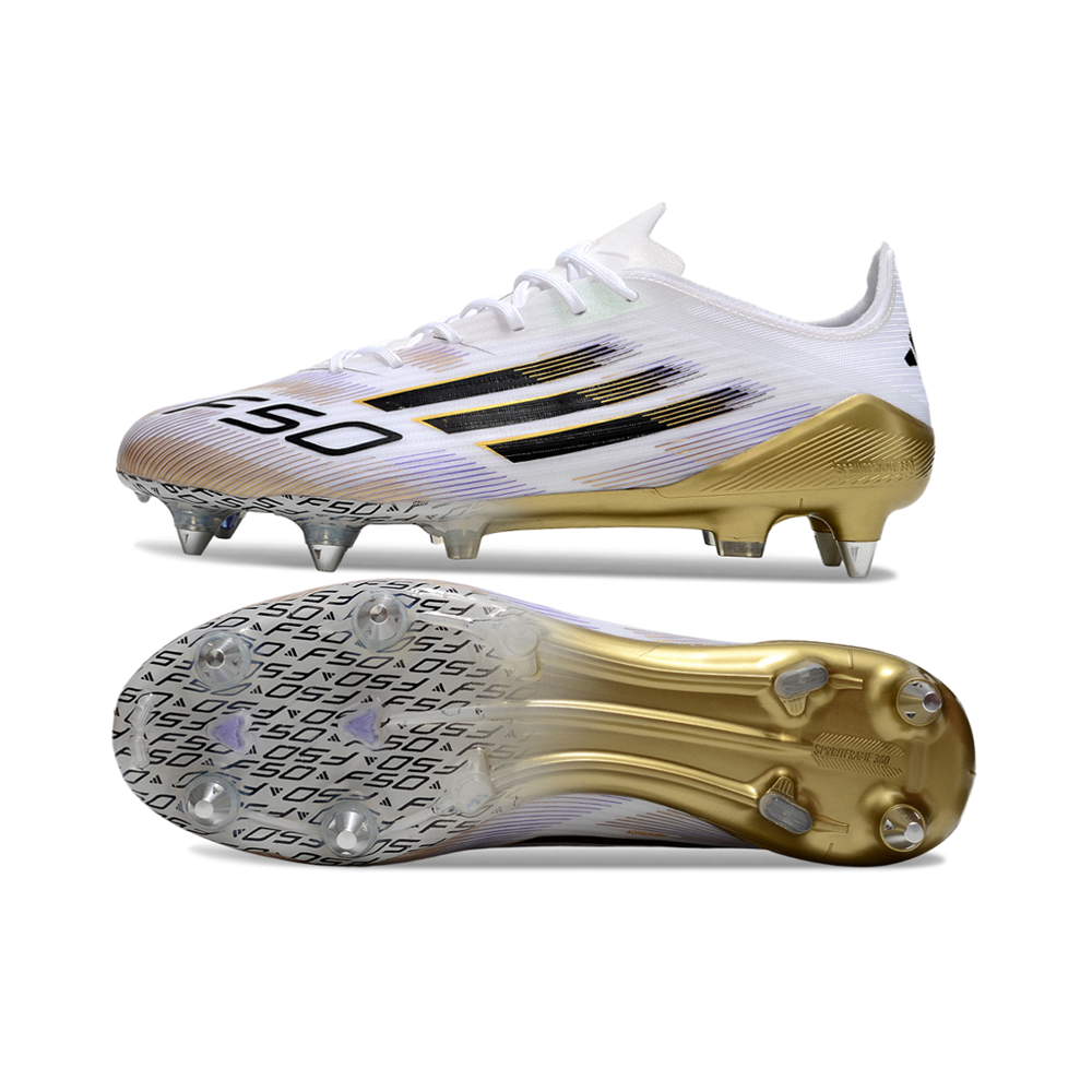 Chuteira Campo Adidas F50 Ponta de Aluminio Branco, Preto e Dourado
