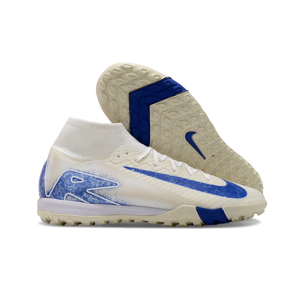Chuteira Infantil Society Nike Air Zoom Mercurial Superfly 10 Elite TF Branca e Azul 