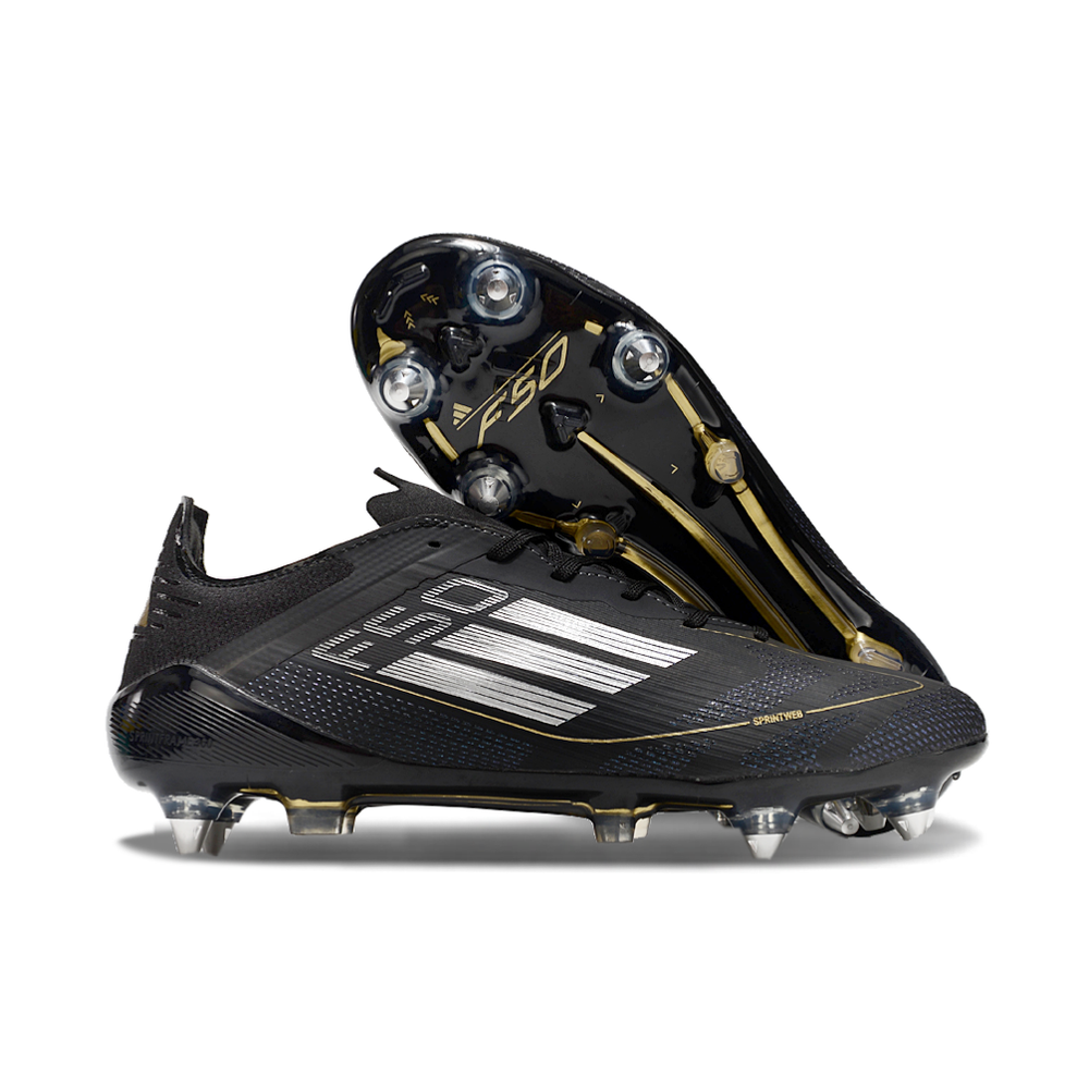 Chuteira Campo Adidas F50 Ponta de Aluminio Preta e Dourada 