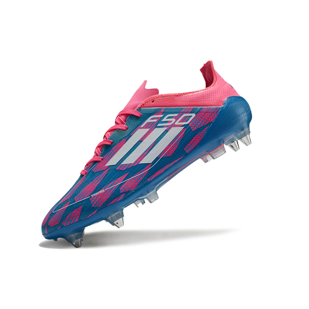 Chuteira Campo Adidas F50 Ponta de Aluminio Rosa, Azul e Branca 