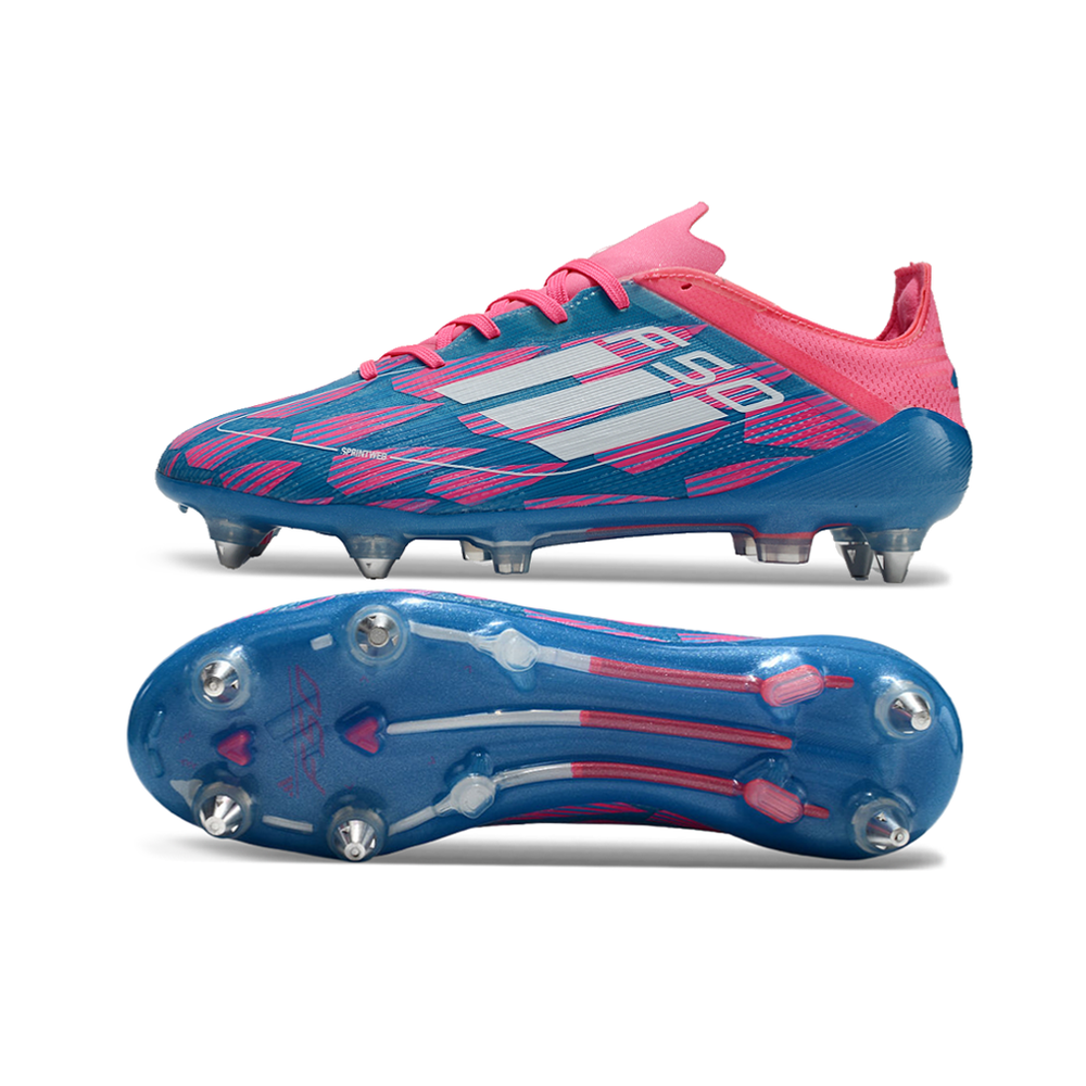 Chuteira Campo Adidas F50 Ponta de Aluminio Rosa, Azul e Branca 