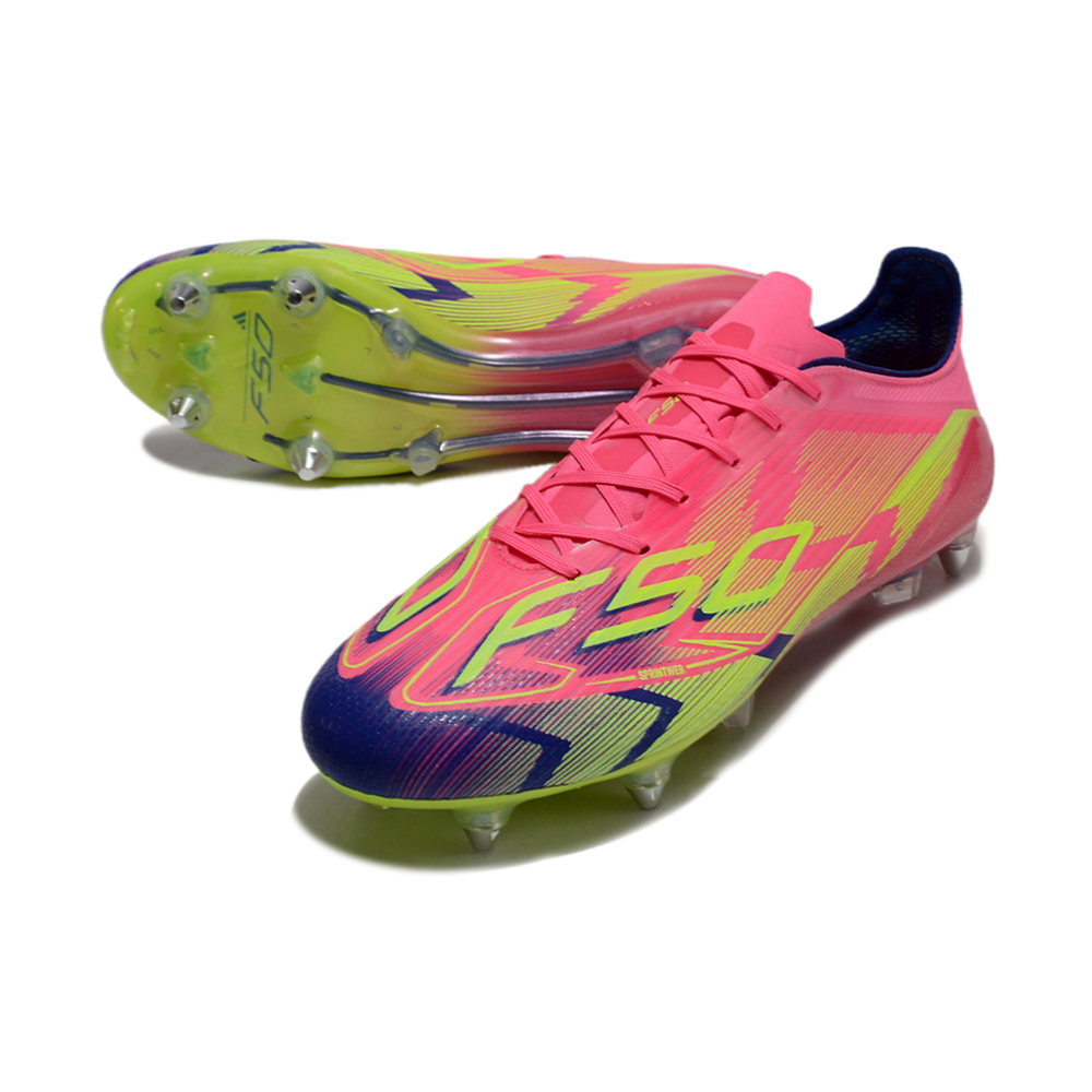 Chuteira Campo Adidas F50 Ponta de Aluminio Rosa, Azul e Verde