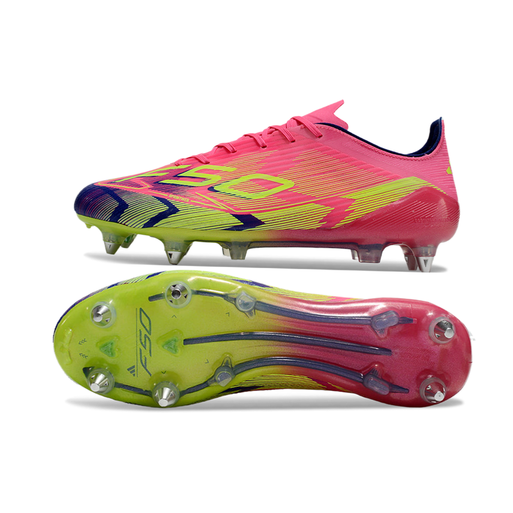 Chuteira Campo Adidas F50 Ponta de Aluminio Rosa, Azul e Verde