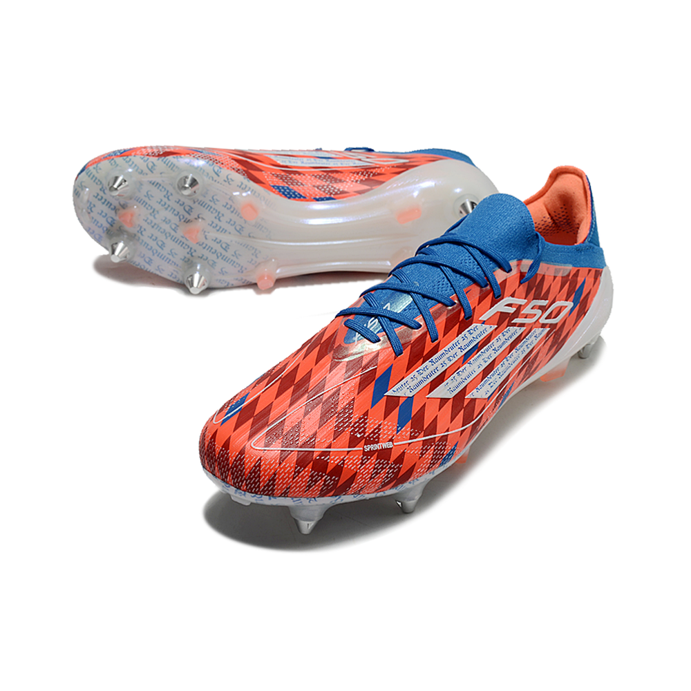 Chuteira Campo Adidas F50 Ponta de Aluminio Vermelha e Azul