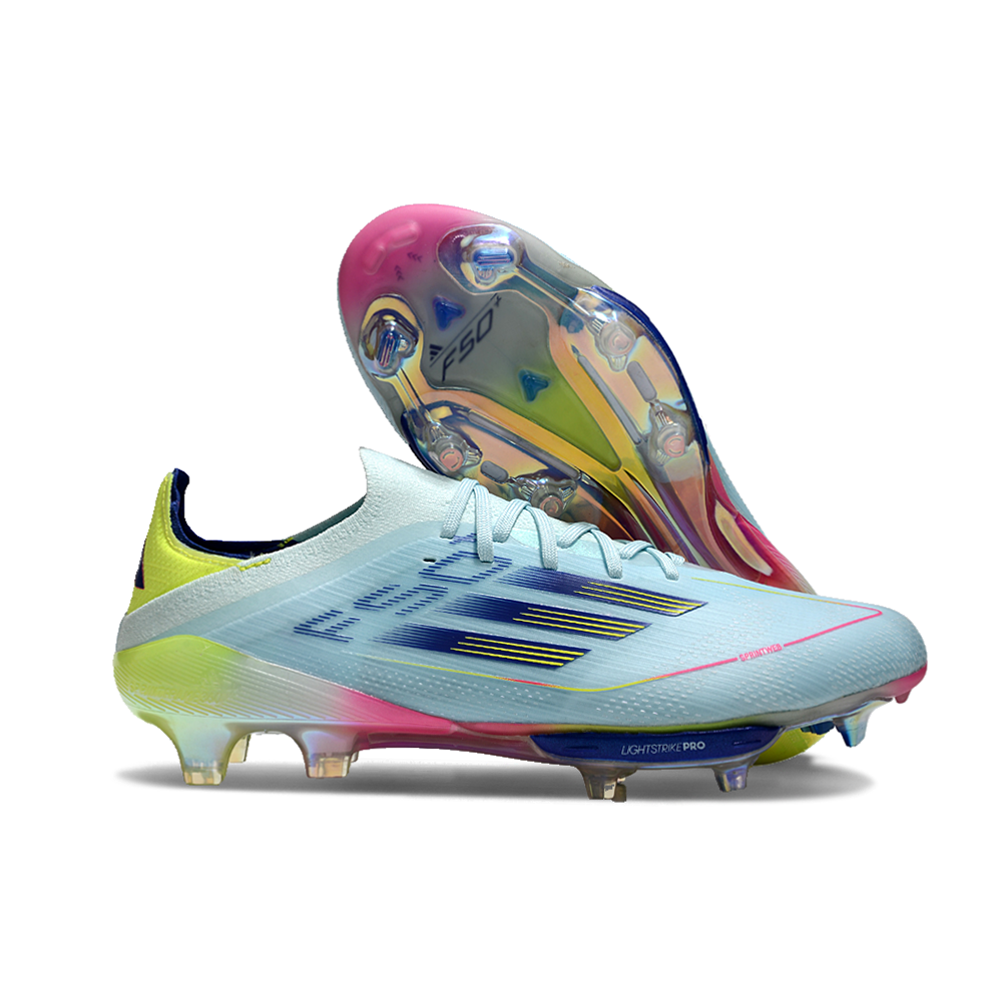 Chuteira Campo Adidas F50+ FG Azul, Rosa e Amarelo 