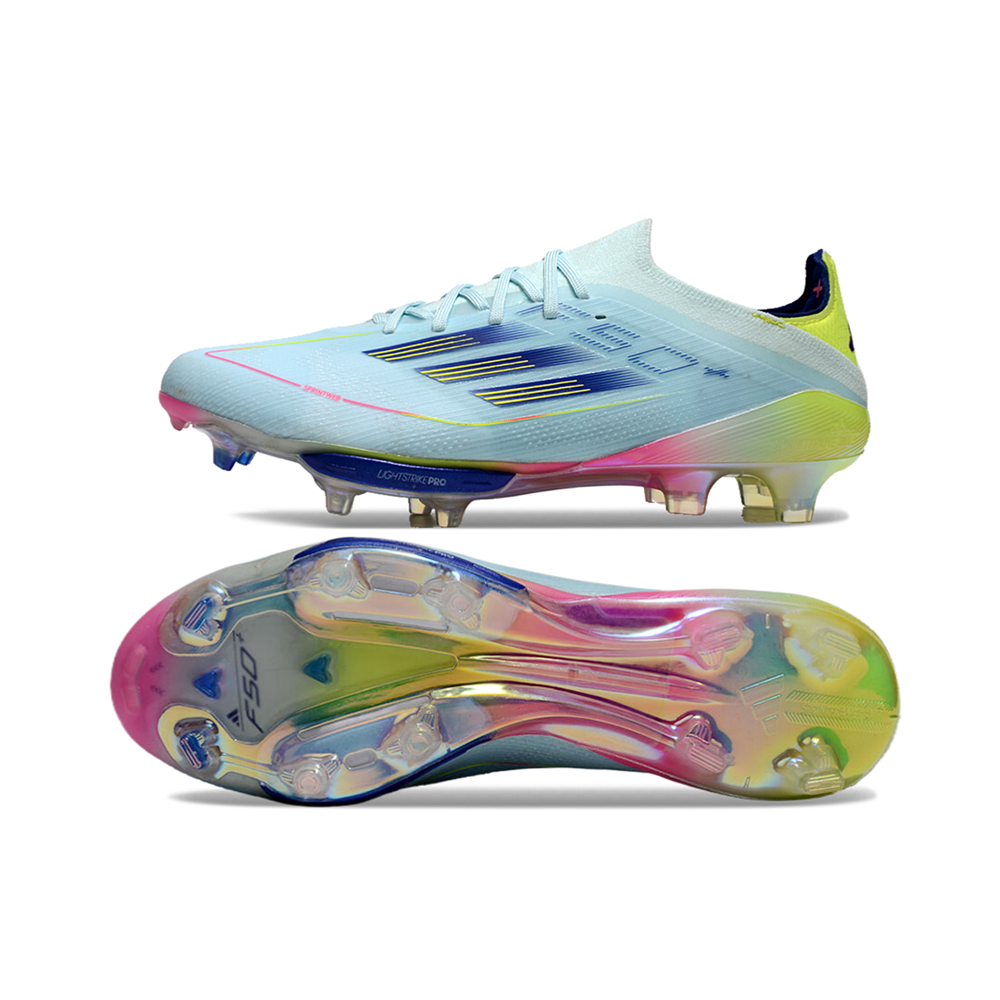 Chuteira Campo Adidas F50+ FG Azul, Rosa e Amarelo 