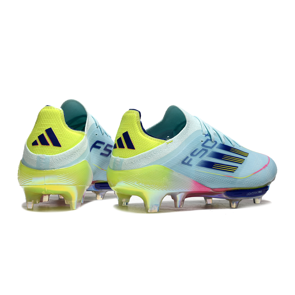 Chuteira Campo Adidas F50+ FG Azul, Rosa e Amarelo 