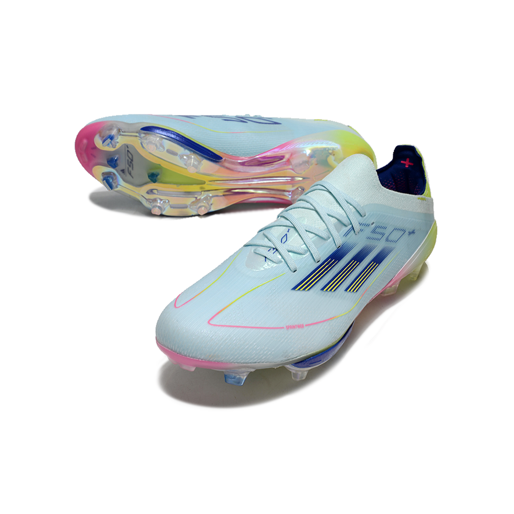Chuteira Campo Adidas F50+ FG Azul, Rosa e Amarelo 
