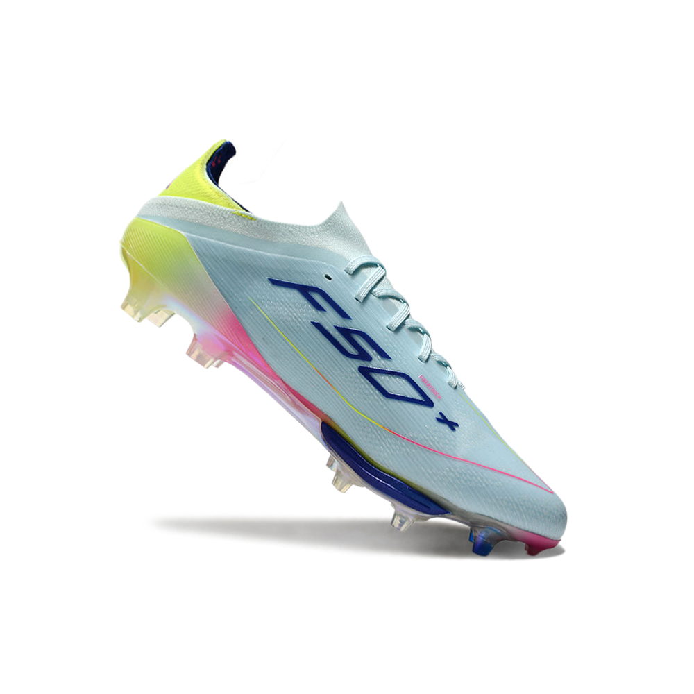 Chuteira Campo Adidas F50+ FG Azul, Rosa e Amarelo 