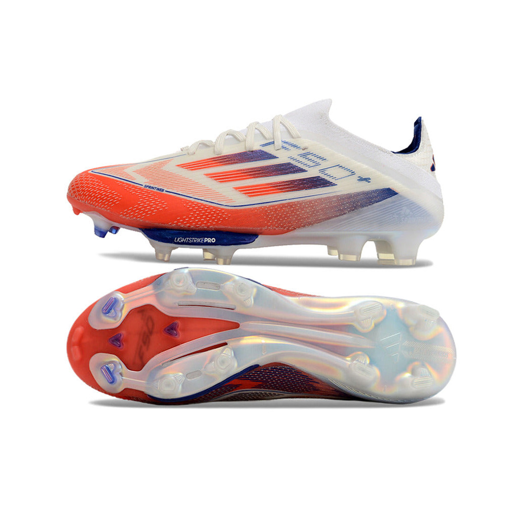 Chuteira Campo Adidas F50+ FG Branca, Azul e Vermelha 