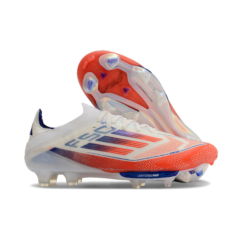Chuteira Campo Adidas F50+ FG Branca, Azul e Vermelha 