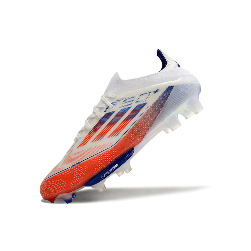 Chuteira Campo Adidas F50+ FG Branca, Azul e Vermelha 