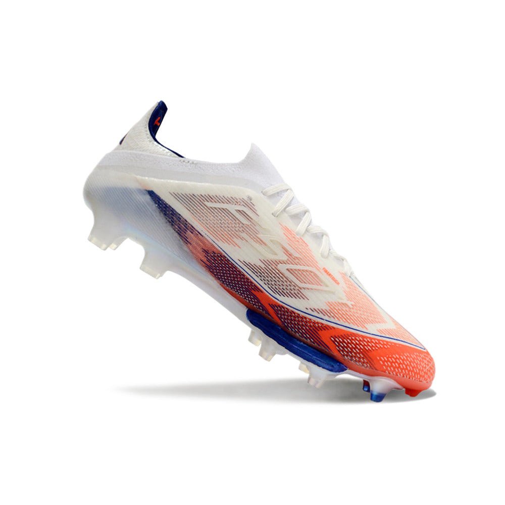 Chuteira Campo Adidas F50+ FG Branca, Azul e Vermelha 