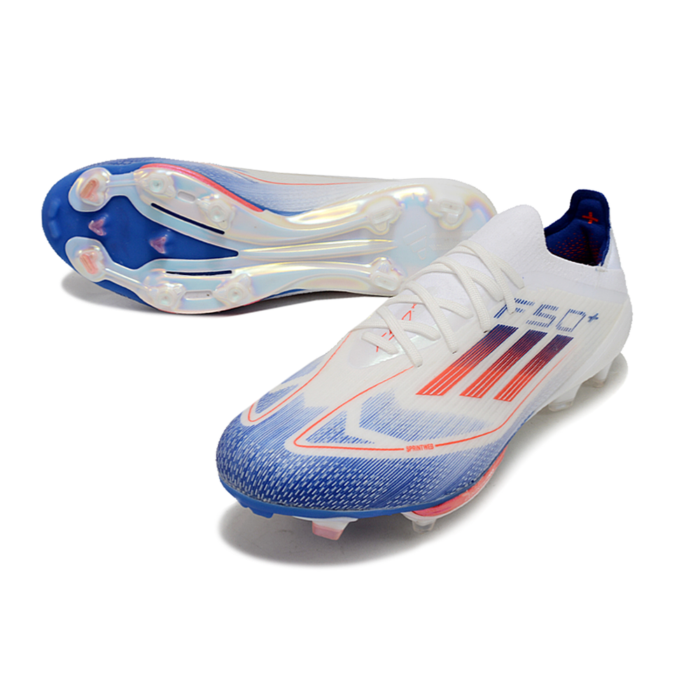 Chuteira Campo Adidas F50+ FG Branca, Azul e Vermelho 