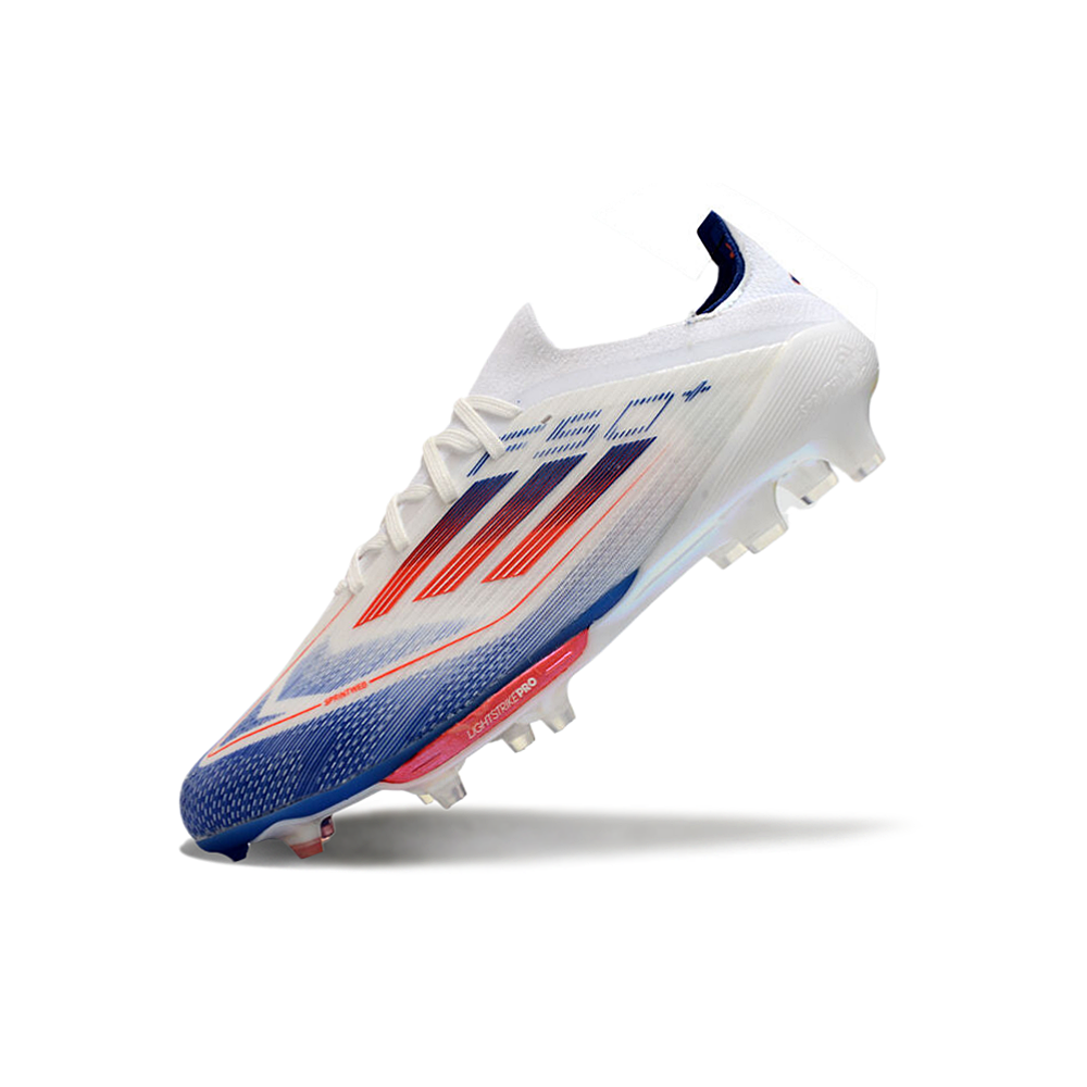 Chuteira Campo Adidas F50+ FG Branca, Azul e Vermelho 