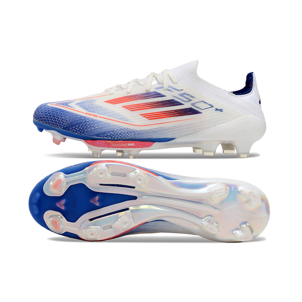 Chuteira Campo Adidas F50+ FG Branca, Azul e Vermelho 
