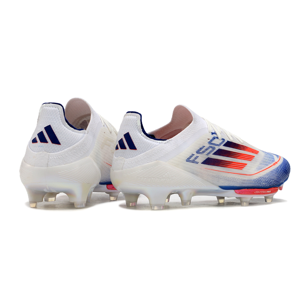 Chuteira Campo Adidas F50+ FG Branca, Azul e Vermelho 