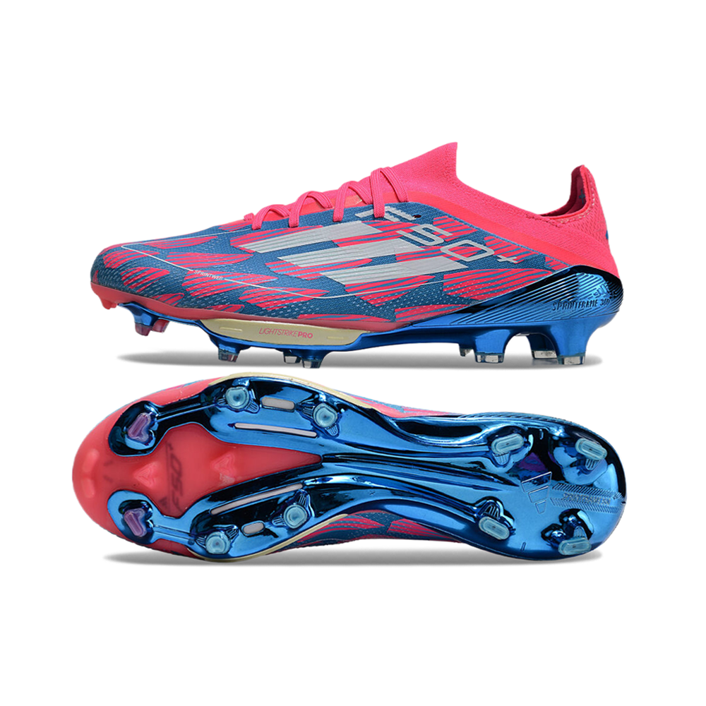 Chuteira Campo Adidas F50+ FG Rosa, Azul e Branca 
