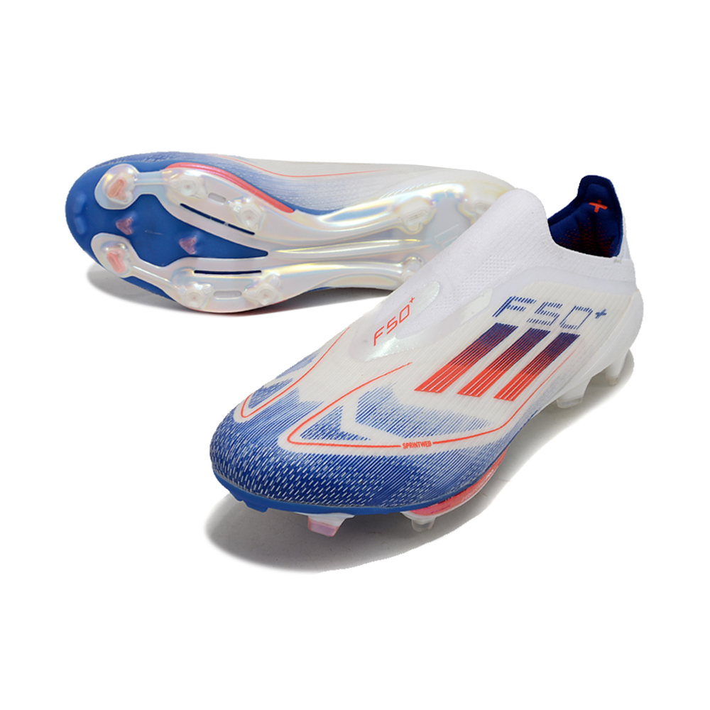 Chuteira Campo Adidas F50+ LL FG Branca, Azul e Laranja 