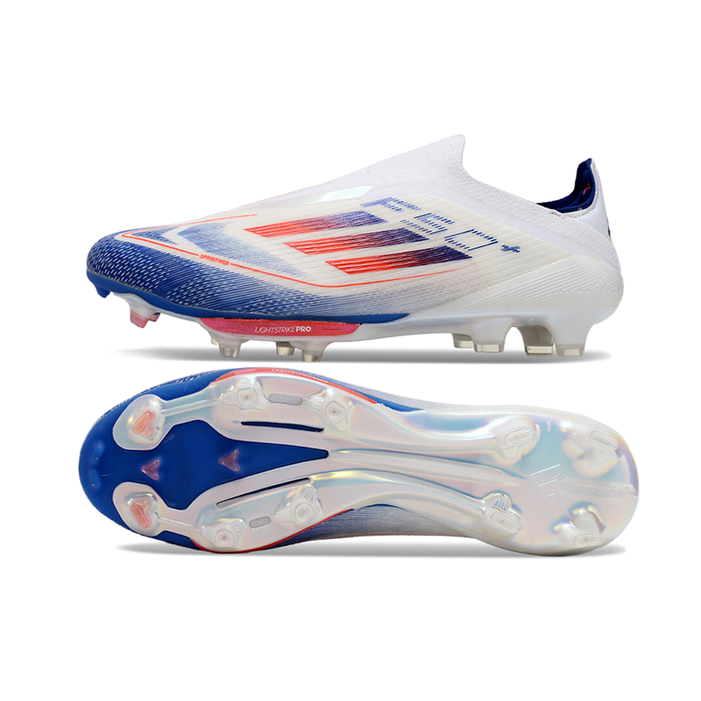 Chuteira Campo Adidas F50+ LL FG Branca, Azul e Laranja 