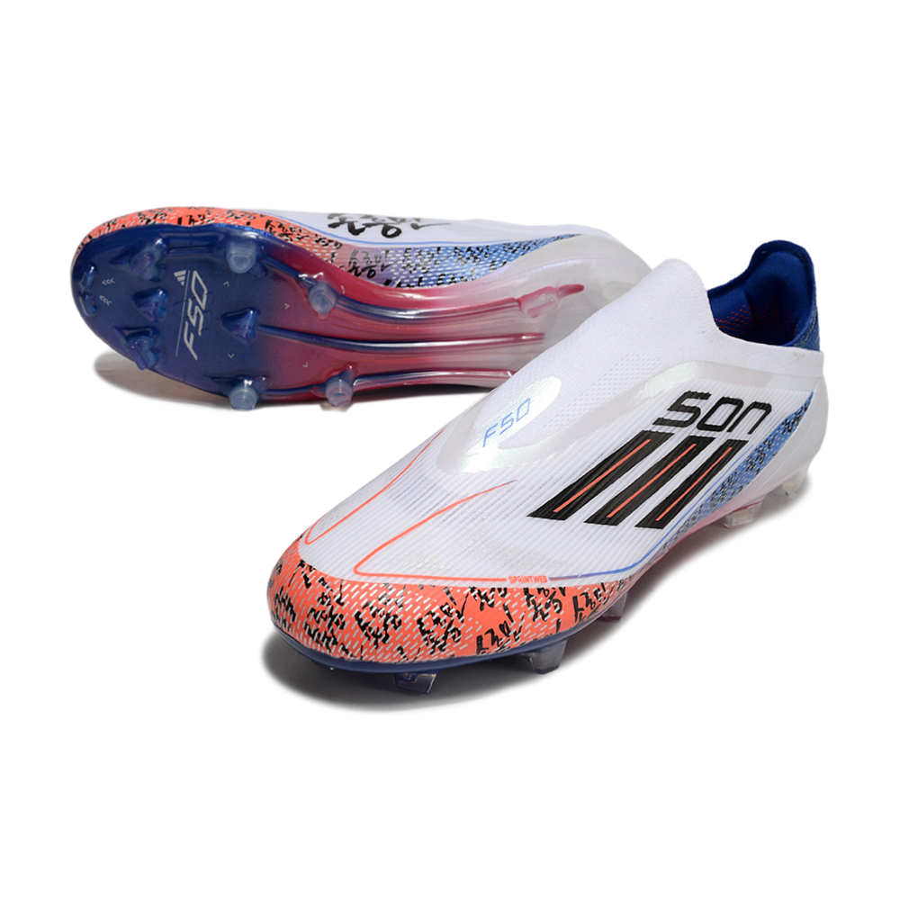 Chuteira Campo Adidas F50+ LL FG Branca, Laranja e Azul