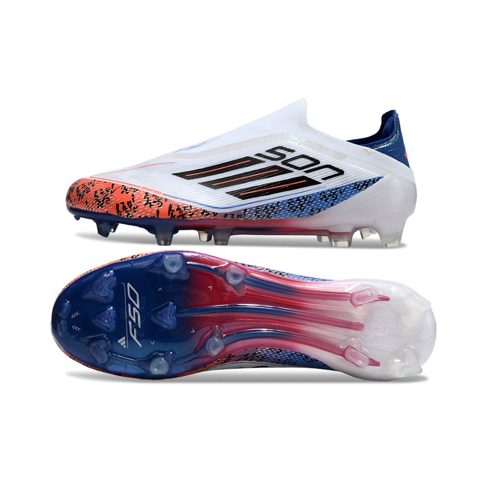Chuteira Campo Adidas F50+ LL FG Branca, Laranja e Azul