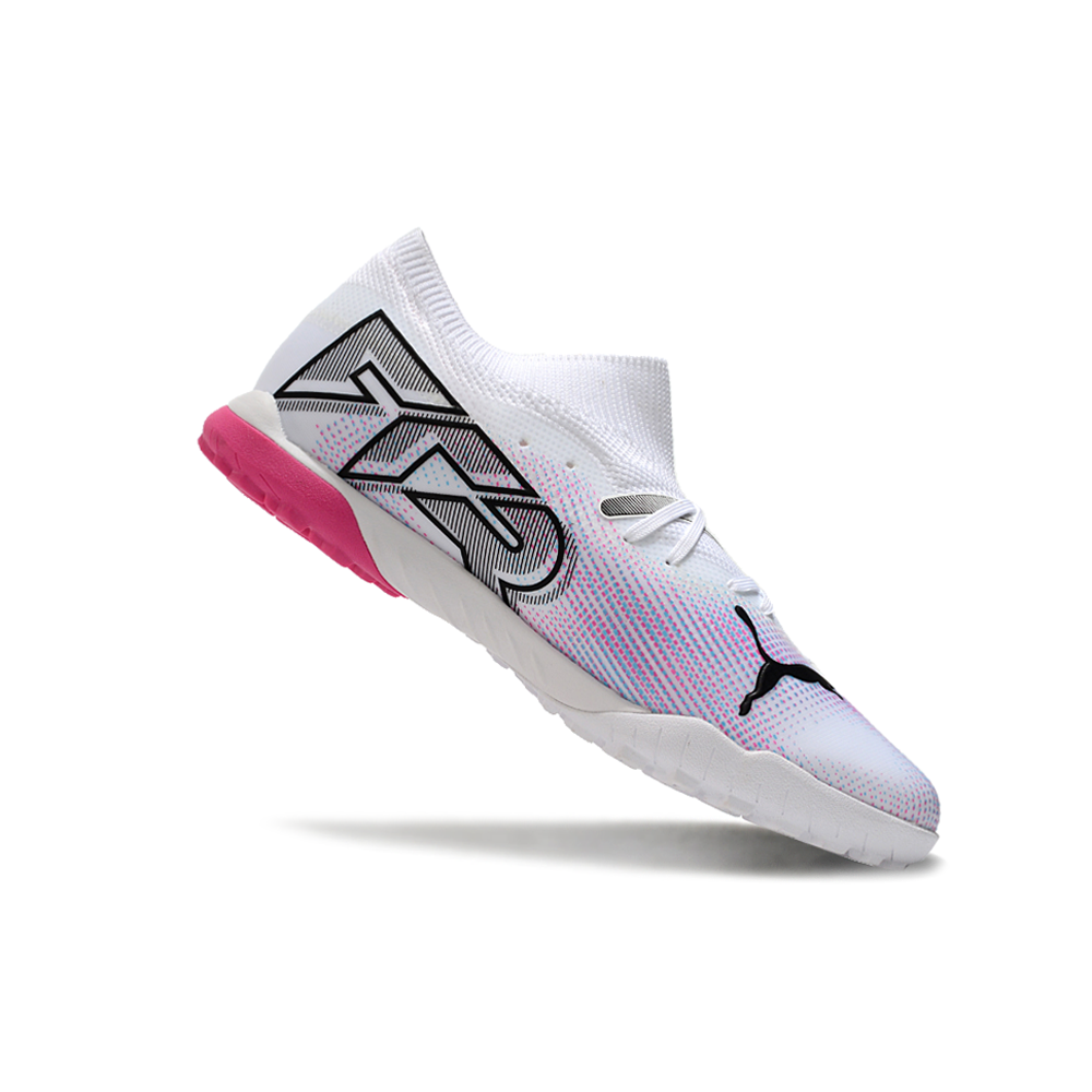 Chuteira Society Puma Future 7 TF Branca, Rosa e Azul 