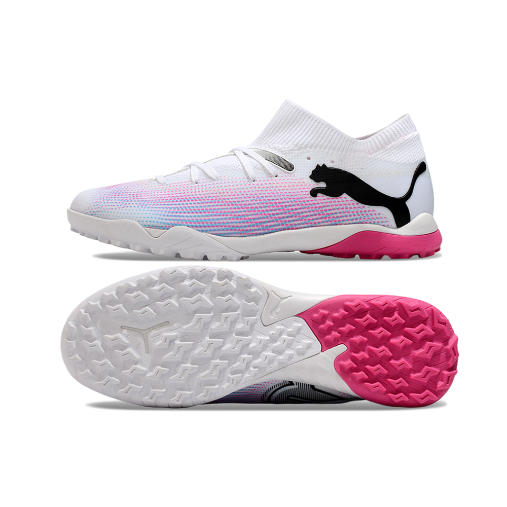 Chuteira Society Puma Future 7 TF Branca, Rosa e Azul 