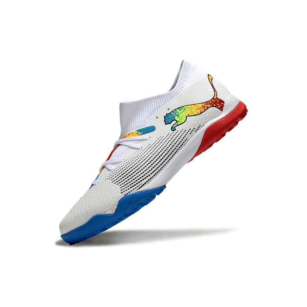 Chuteira Society Puma Future 7 TF Branco, Azul e Vermelho
