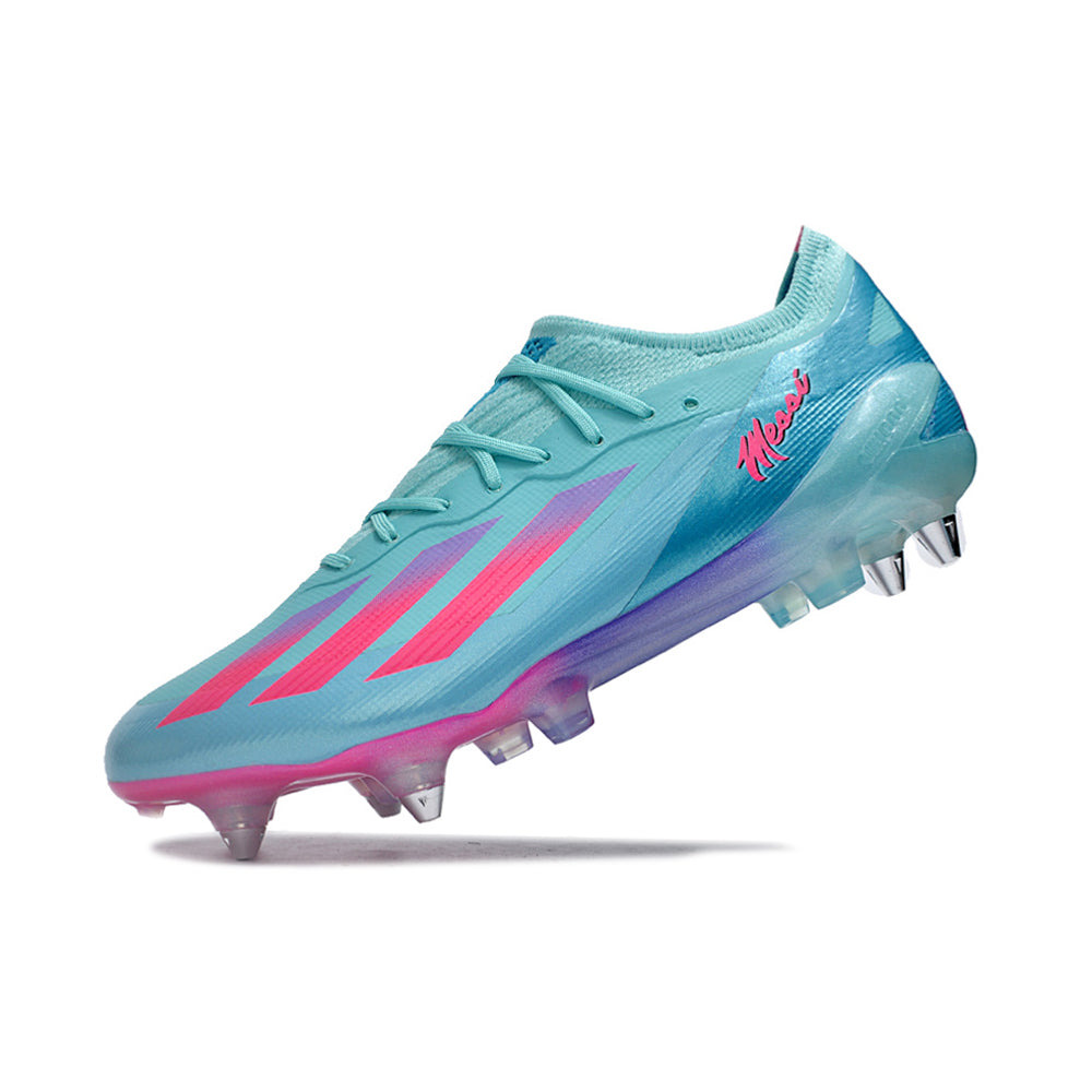 Chuteira Campo Adidas X Crazyfast Messi.1 Ponta de Aluminio Azul e Rosa 