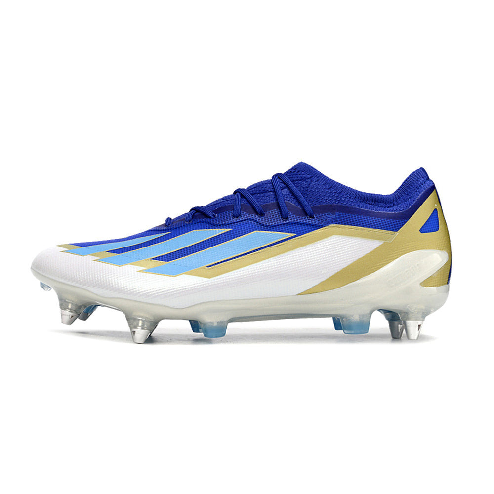 Chuteira Campo Adidas X Crazyfast Messi.1 Ponta de Aluminio Azul, Branco e Dourado 