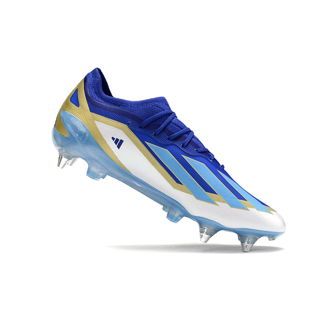 Chuteira Campo Adidas X Crazyfast Messi.1 Ponta de Aluminio Azul, Branco e Dourado 