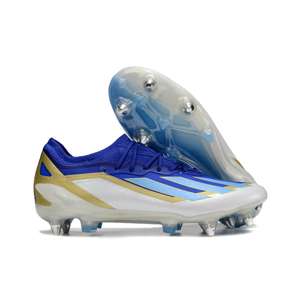 Chuteira Campo Adidas X Crazyfast Messi.1 Ponta de Aluminio Azul, Branco e Dourado 