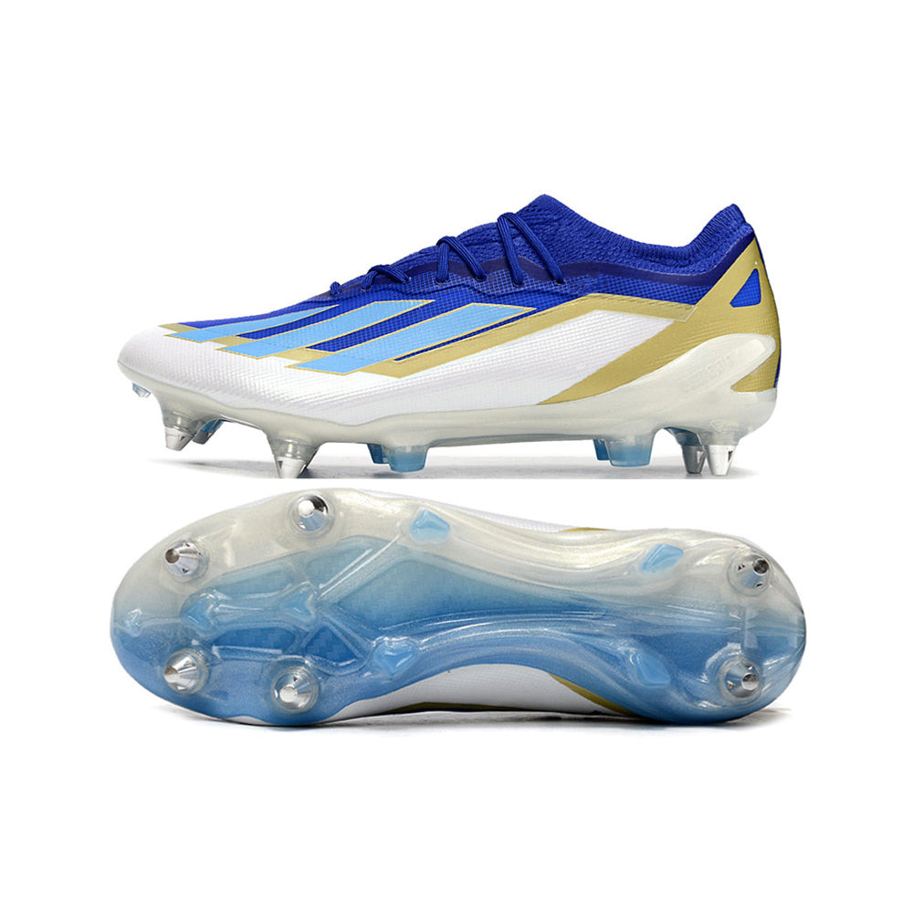Chuteira Campo Adidas X Crazyfast Messi.1 Ponta de Aluminio Azul, Branco e Dourado 