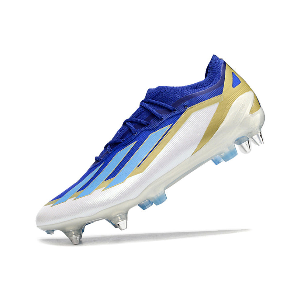 Chuteira Campo Adidas X Crazyfast Messi.1 Ponta de Aluminio Azul, Branco e Dourado 