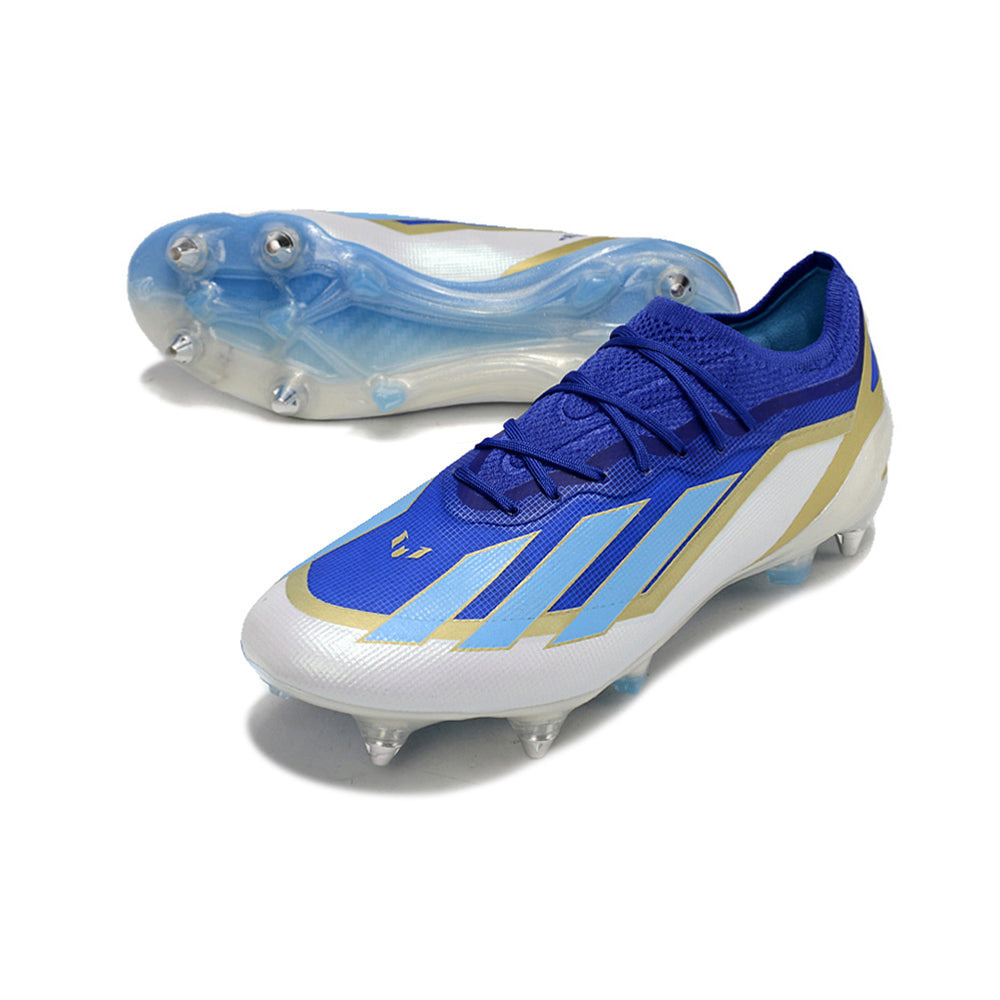 Chuteira Campo Adidas X Crazyfast Messi.1 Ponta de Aluminio Azul, Branco e Dourado 