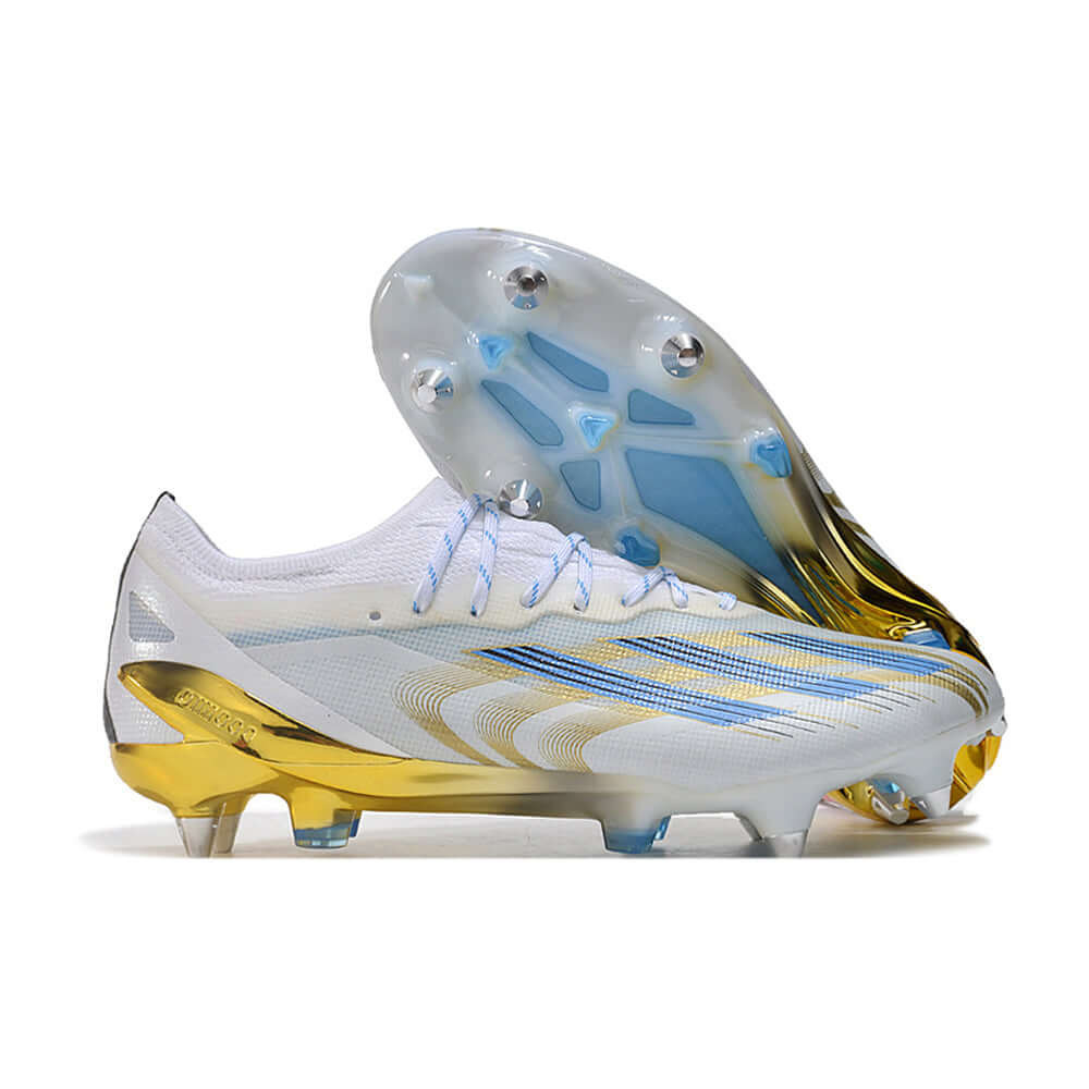 Chuteira Campo Adidas X CrazyFast Messi.1 Ponta de Aluminio Branca, Azul e Dourada 