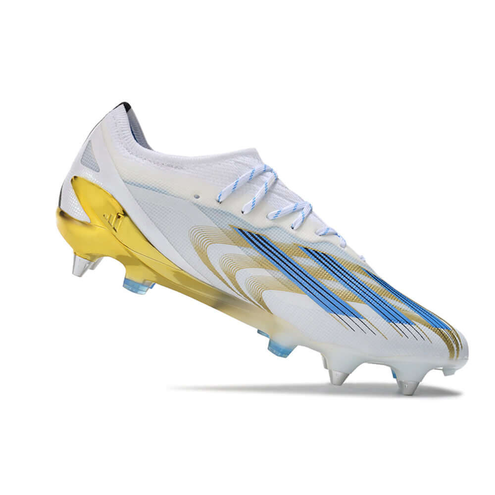 Chuteira Campo Adidas X CrazyFast Messi.1 Ponta de Aluminio Branca, Azul e Dourada 