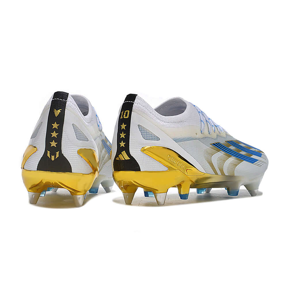 Chuteira Campo Adidas X CrazyFast Messi.1 Ponta de Aluminio Branca, Azul e Dourada 