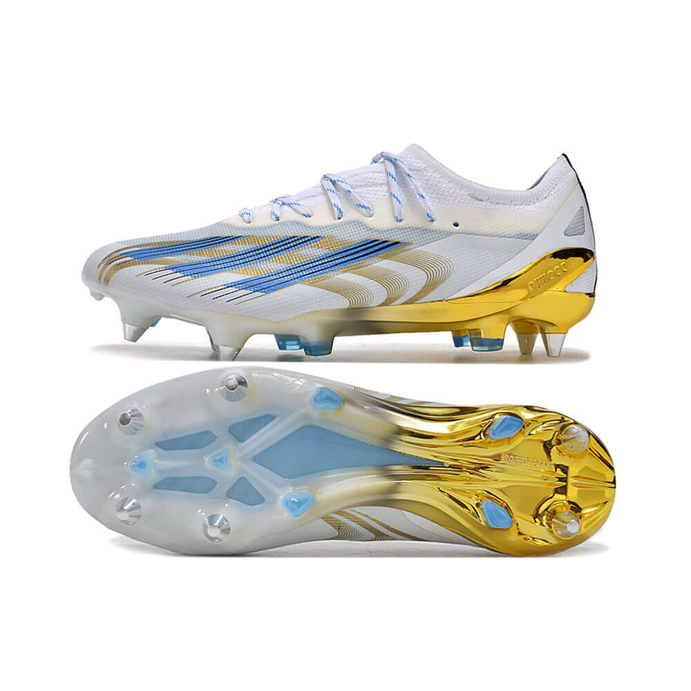 Chuteira Campo Adidas X CrazyFast Messi.1 Ponta de Aluminio Branca, Azul e Dourada 