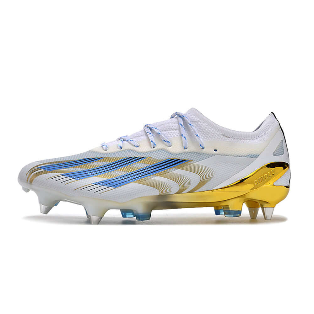 Chuteira Campo Adidas X CrazyFast Messi.1 Ponta de Aluminio Branca, Azul e Dourada 