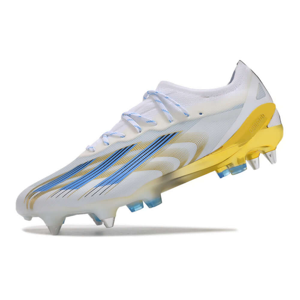 Chuteira Campo Adidas X CrazyFast Messi.1 Ponta de Aluminio Branca, Azul e Dourada 