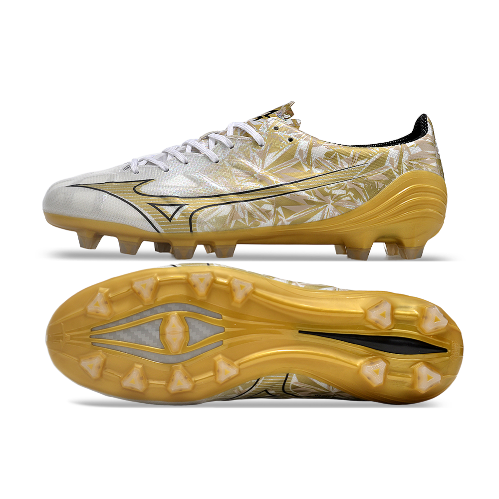 Chuteira Campo Mizuno Alpha FG Branca e Dourada 