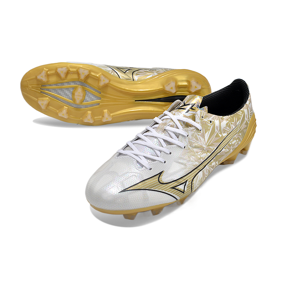 Chuteira Campo Mizuno Alpha FG Branca e Dourada 