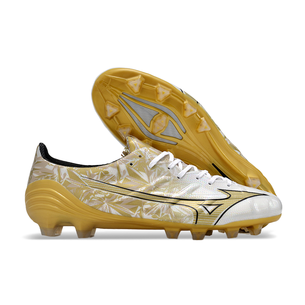 Chuteira Campo Mizuno Alpha FG Branca e Dourada 