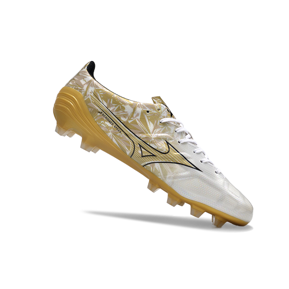 Chuteira Campo Mizuno Alpha FG Branca e Dourada 