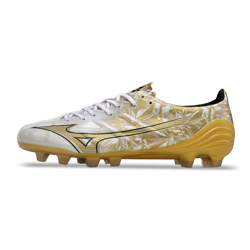 Chuteira Campo Mizuno Alpha FG Branca e Dourada 