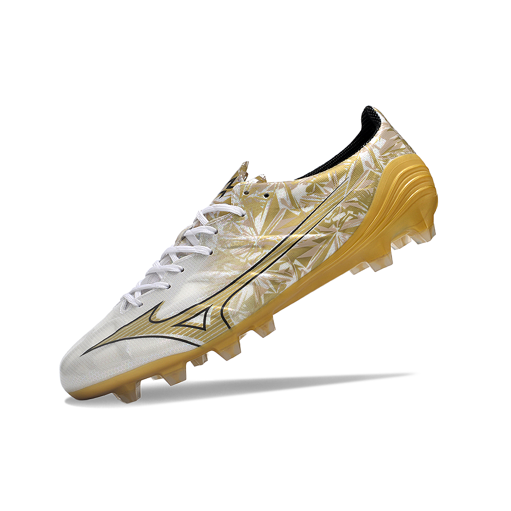 Chuteira Campo Mizuno Alpha FG Branca e Dourada 