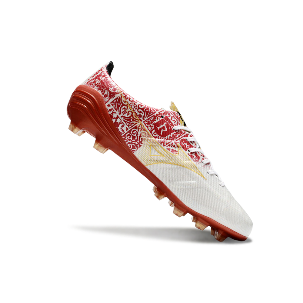 Chuteira Campo Mizuno Alpha FG Branca, Vermelho e Dourado 